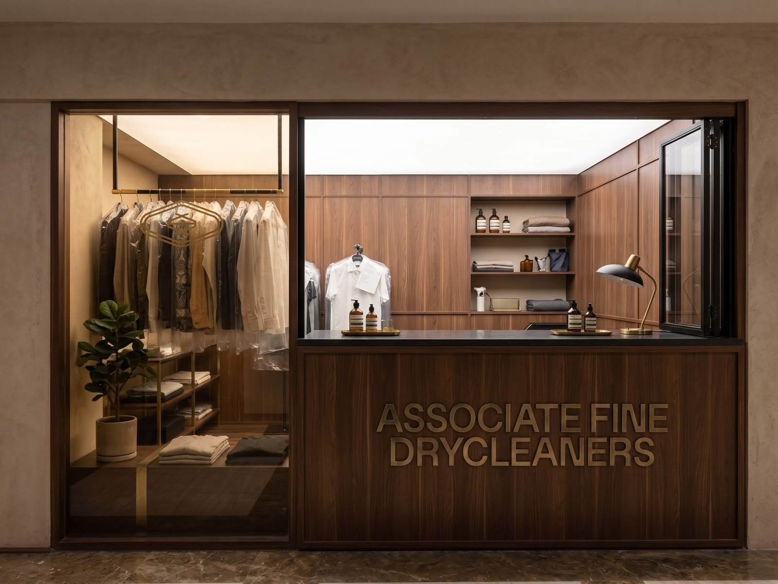 The AFD counter at Redtop Hotel: walnut panelling, brass lettering, a rail of finished garments in the window